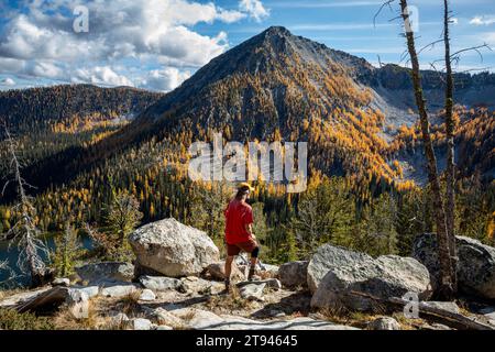 WA23719-00...WASHINGTON - Hiker taking in the view of a larch covered slope above Eagle Lake; Okanogan National Forest. Stock Photo