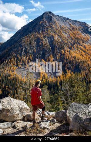 WA23720-00...WASHINGTON - Hiker taking in the view of a larch covered slope above Eagle Lake; Okanogan National Forest. Stock Photo