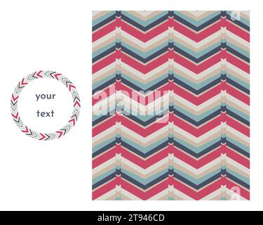 Frame, chevron seamless pattern Set. Doodle boho style graphic design, irregular line stripes, winter colour palette background. Circle wreath border Stock Vector