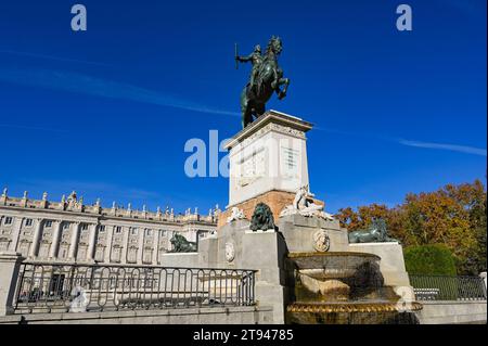 Madrid, Spain - June 21, 2019: Monument to Felipe IV located in Plaza de Oriente, in front of the Royal Palace Stock Photo