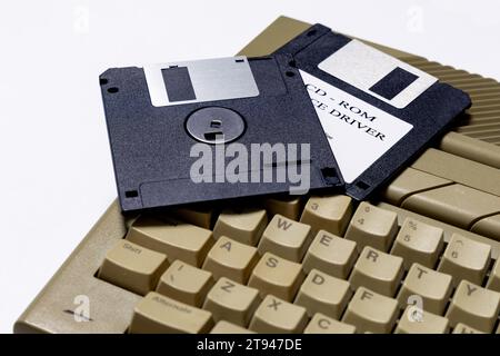 Old PC 16-bit computers, primitive computers from the 1980s and 1990s Stock Photo