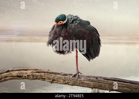 Closeup of Storm's stork (Ciconia stormi), standing on a log at daybreak with lake background. It is considered to be the rarest of all storks. Stock Photo