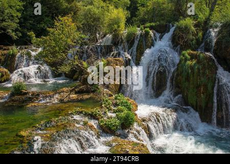 Milancev Buk waterfall at Martin Brod, Una-Sana Canton, Bosnia and Herzegovina. In Una National Park, it is also known as Veliki Buk or Martinbrodski Stock Photo