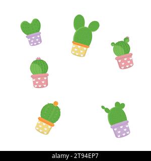 Cactus icons in a flat style on a white background. Home plants cactus in pots and with flowers. A variety of decorative cactus with prickles Stock Vector