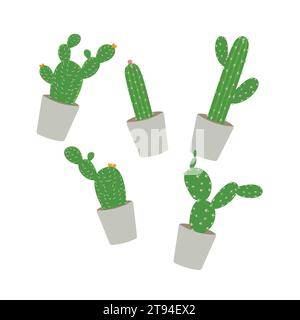 Cactus icons in a flat style on a white background. Home plants cactus in pots and with flowers. A variety of decorative cactus with prickles Stock Vector