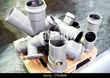 Details and parts of plastic pipes for water pipelines and sewerage Stock Photo