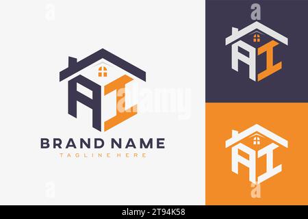 hexagon AI house monogram logo for real estate, property, construction business identity. box shaped home initiral with fav icons vector graphic templ Stock Vector