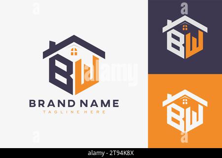 hexagon BW house monogram logo for real estate, property, construction business identity. box shaped home initiral with fav icons vector graphic templ Stock Vector