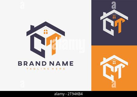 hexagon CT house monogram logo for real estate, property, construction business identity. box shaped home initiral with fav icons vector graphic templ Stock Vector