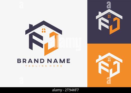 hexagon FJ house monogram logo for real estate, property, construction business identity. box shaped home initiral with fav icons vector graphic templ Stock Vector