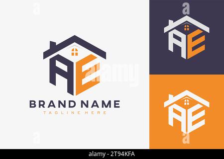 hexagon AE house monogram logo for real estate, property, construction business identity. box shaped home initiral with fav icons vector graphic templ Stock Vector