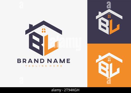 hexagon BL house monogram logo for real estate, property, construction business identity. box shaped home initiral with fav icons vector graphic templ Stock Vector