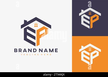 hexagon EP house monogram logo for real estate, property, construction business identity. box shaped home initiral with fav icons vector graphic templ Stock Vector