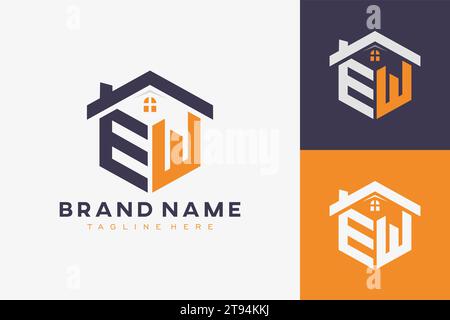 hexagon EW house monogram logo for real estate, property, construction business identity. box shaped home initiral with fav icons vector graphic templ Stock Vector