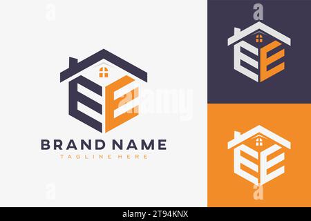 hexagon EE house monogram logo for real estate, property, construction business identity. box shaped home initiral with fav icons vector graphic templ Stock Vector