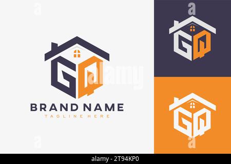 hexagon GQ house monogram logo for real estate, property, construction business identity. box shaped home initiral with fav icons vector graphic templ Stock Vector
