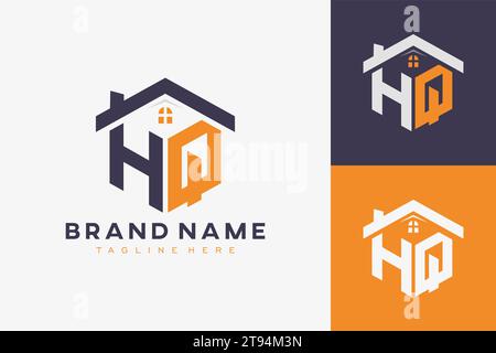 hexagon HQ house monogram logo for real estate, property, construction business identity. box shaped home initiral with fav icons vector graphic templ Stock Vector