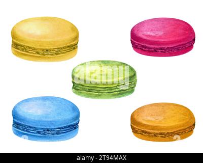 Traditional French macarons. Colorful Almond cookies, macaroon cake. Blue, green and red sweet dessert. Watercolor illustration. For package, menu Stock Photo