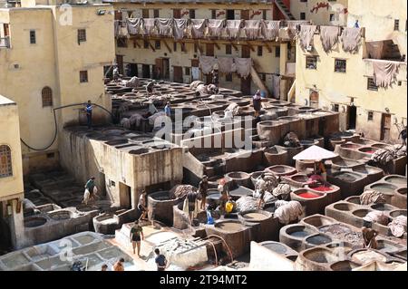 Historic tanners' district in Fez: Hard work in brick basins Stock Photo