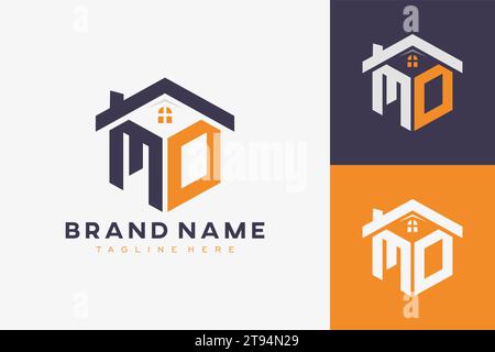 hexagon MO house monogram logo for real estate, property, construction business identity. box shaped home initiral with fav icons vector graphic templ Stock Vector
