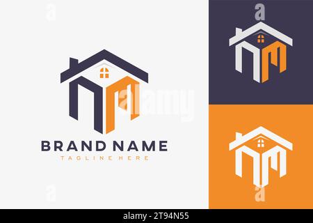 hexagon NM house monogram logo for real estate, property, construction business identity. box shaped home initiral with fav icons vector graphic templ Stock Vector