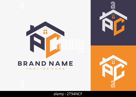 hexagon PC house monogram logo for real estate, property, construction business identity. box shaped home initiral with fav icons vector graphic templ Stock Vector