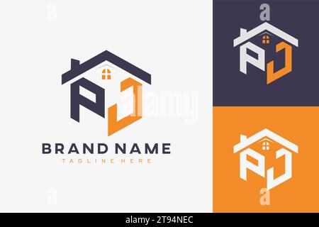 hexagon PJ house monogram logo for real estate, property, construction business identity. box shaped home initiral with fav icons vector graphic templ Stock Vector