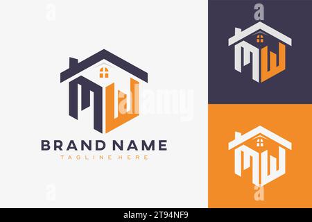 hexagon MW house monogram logo for real estate, property, construction business identity. box shaped home initiral with fav icons vector graphic templ Stock Vector