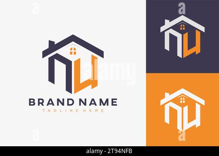hexagon NU house monogram logo for real estate, property, construction business identity. box shaped home initiral with fav icons vector graphic templ Stock Vector