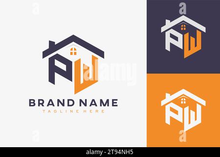 hexagon PW house monogram logo for real estate, property, construction business identity. box shaped home initiral with fav icons vector graphic templ Stock Vector