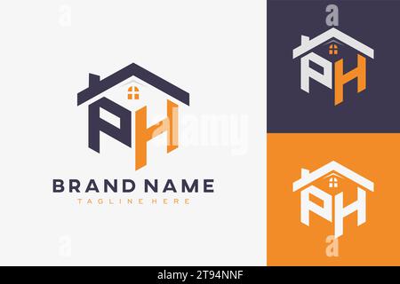 hexagon PH house monogram logo for real estate, property, construction business identity. box shaped home initiral with fav icons vector graphic templ Stock Vector