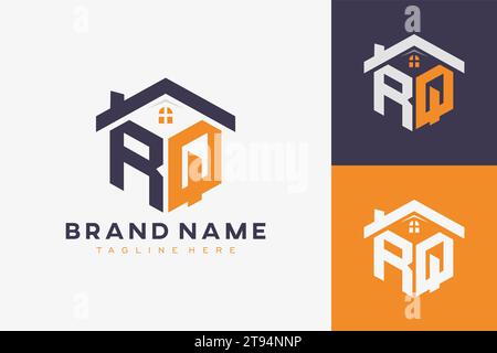 hexagon RQ house monogram logo for real estate, property, construction business identity. box shaped home initiral with fav icons vector graphic templ Stock Vector