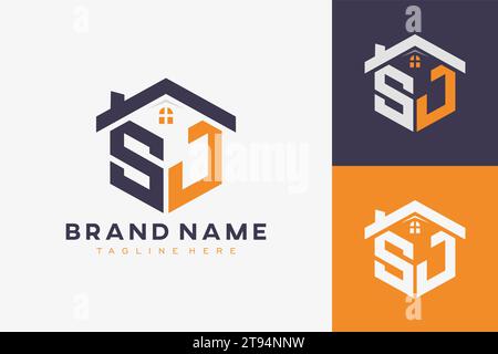 hexagon SJ house monogram logo for real estate, property, construction business identity. box shaped home initiral with fav icons vector graphic templ Stock Vector