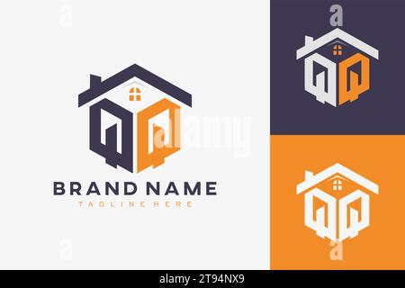 hexagon QQ house monogram logo for real estate, property, construction business identity. box shaped home initiral with fav icons vector graphic templ Stock Vector