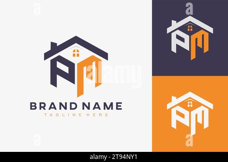 hexagon PM house monogram logo for real estate, property, construction business identity. box shaped home initiral with fav icons vector graphic templ Stock Vector