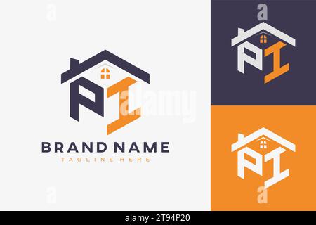 hexagon PI house monogram logo for real estate, property, construction business identity. box shaped home initiral with fav icons vector graphic templ Stock Vector