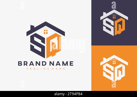 hexagon SQ house monogram logo for real estate, property, construction business identity. box shaped home initiral with fav icons vector graphic templ Stock Vector