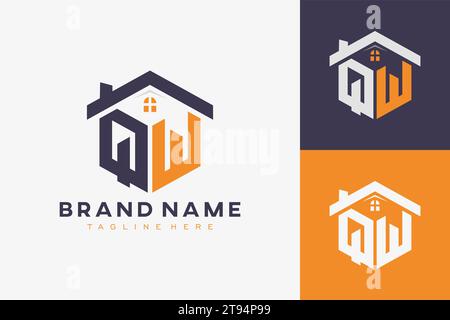 hexagon QW house monogram logo for real estate, property, construction business identity. box shaped home initiral with fav icons vector graphic templ Stock Vector