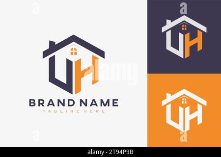 hexagon VH house monogram logo for real estate, property, construction business identity. box shaped home initiral with fav icons vector graphic templ Stock Vector