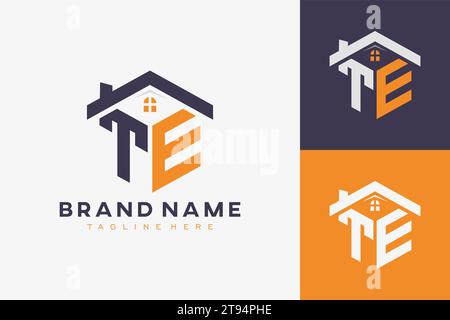hexagon TE house monogram logo for real estate, property, construction business identity. box shaped home initiral with fav icons vector graphic templ Stock Vector