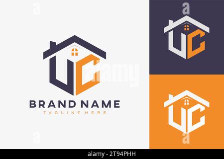 hexagon VC house monogram logo for real estate, property, construction business identity. box shaped home initiral with fav icons vector graphic templ Stock Vector