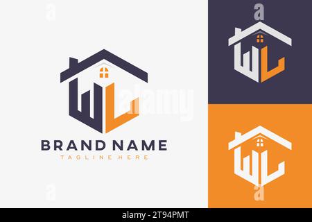 hexagon WL house monogram logo for real estate, property, construction business identity. box shaped home initiral with fav icons vector graphic templ Stock Vector