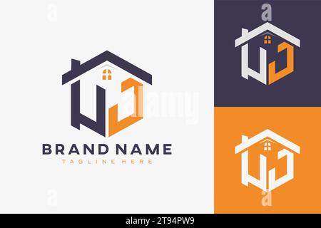 hexagon UJ house monogram logo for real estate, property, construction business identity. box shaped home initiral with fav icons vector graphic templ Stock Vector