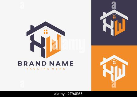 hexagon XW house monogram logo for real estate, property, construction business identity. box shaped home initiral with fav icons vector graphic templ Stock Vector
