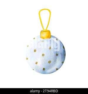 Christmas tree decoration blue glass ball hanging on golden ribbon. Vector. Watercolor Xmas ornaments illustration for decoration and design. Stock Vector