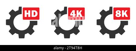 HD 4K 8K settings icon set. Gear sign with text. Vector illustration Stock Vector