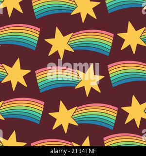 Cute hand drawn seamless pattern with stars and rainbows on dark background. Vector repeated design for kids fabric.  Stock Vector