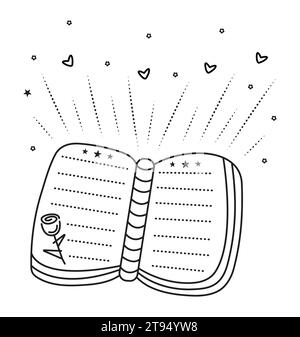 Black line magical open book, cute vector monochrome doodle Stock Vector