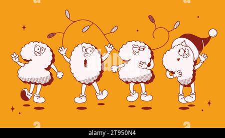 Christmas groovy mascot characters. 2024 happy noel letters. Yellow background. Stock Vector