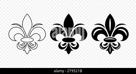 Vector Vintage White and Black Fleur De Lis Icon Set Isolated. Heraldic Lily, Retro Design Element. Vector Illustration Stock Vector